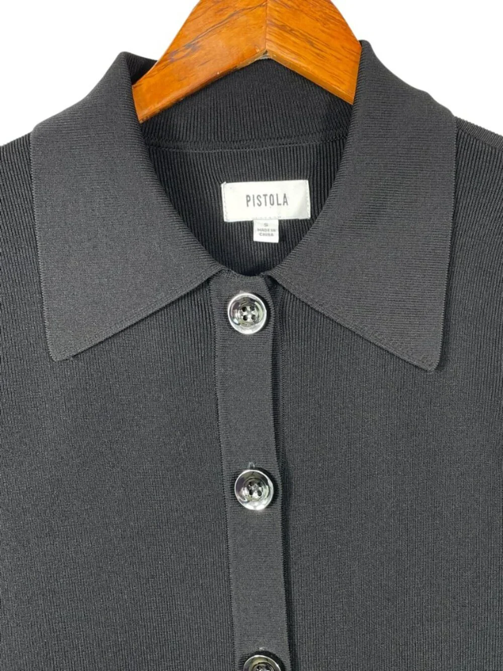 Pistola Ribbed Button Front Cardigan Black Collared Knit Top S